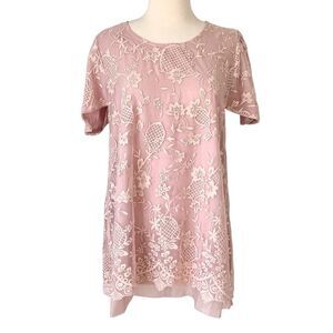 Pretty Angel Pink Lace Floral Short Sleeve Tunic Blouse NWT